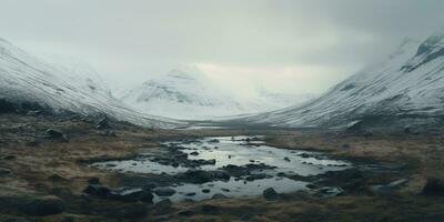 generativ ai, Winter ästhetisch Landschaft Panorama, stumm geschaltet neutral Farben, Wald und Berge. foto