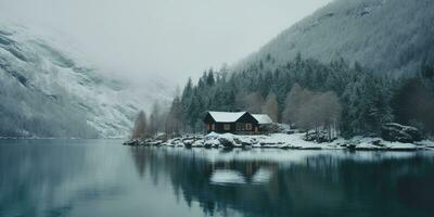 generativ ai, Winter ästhetisch Landschaft mit Haus Panorama, stumm geschaltet neutral Farben, Wald und Berge.. foto