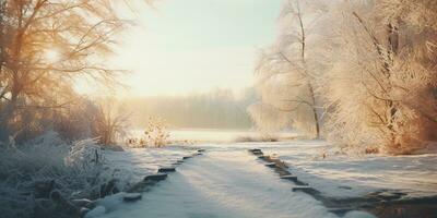 generativ ai, Winter ästhetisch Landschaft Panorama, stumm geschaltet neutral Farben, Wald und Berge. foto