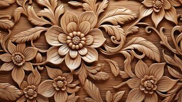 generativ ai, Carving natürlich hölzern Blumen, 3d Muster, braun und Beige Hintergrund foto