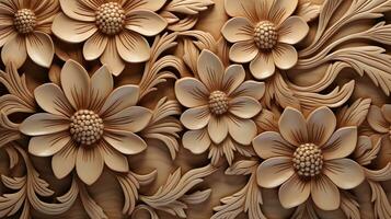 generativ ai, Carving natürlich hölzern Blumen, 3d Muster, braun und Beige Hintergrund foto