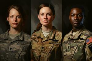 vielfältig Militär- Porträts betont durch Fett gedruckt patriotisch Farbtöne Erfassen Mut und Elastizität foto