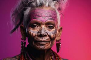 Porträt von ethnisch Gesichts- Tätowierungen isoliert auf ein mystisch Magenta zu uralt Ocker Gradient Hintergrund foto