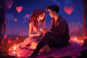 romantisch Paar Liebhaber im Park, unter Bäume. romantisch Datum Nacht unter das Sterne. Valentinsgrüße Tag foto