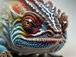 Zoomen in das ausdrucksvoll Augen von ein Chamäleon, Aufschlussreich das Emotionen im extrem Nahansicht foto