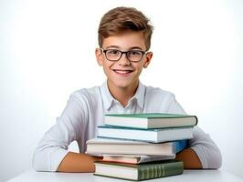 ein jung Junge lächelnd mit Stapel von Bücher auf das Tabelle auf Weiß Hintergrund. generativ ai. foto