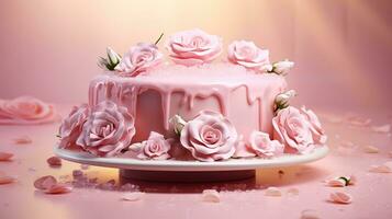 ein köstlich Rosa Kuchen und Dekoration auf das Tisch. generativ ai. foto