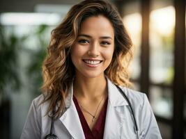 Porträt von ein glücklich weiblich Arzt mit Krankenhaus Hintergrund, Clever und genießen Arzt, Gesundheit Pflege Konzept, ai generativ foto