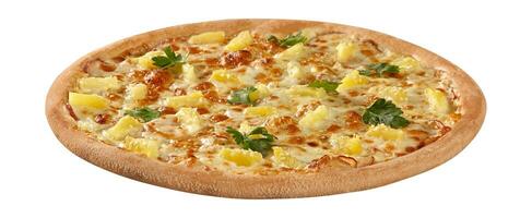 klassisch hawaiisch Pizza mit Sahne Käse Soße, Mozzarella, Hähnchen und Ananas bestreut mit Sesam foto