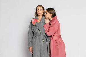 Mode Porträt von zwei lächelnd Brünette Frauen Modelle im Sommer- beiläufig Mantel foto