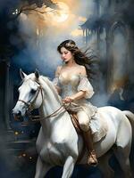 Gemälde abbilden ein jung Frau Reiten ein Weiß Pferd, ai generiert. foto