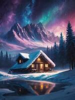 schneebedeckt Hütten, Kiefer Bäume, Berge, Nord Beleuchtung, Aurora im winter.ai generativ. foto