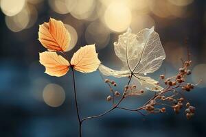 Ast mit Herbst welken Blätter auf ein Hintergrund von golden Bokeh. generiert durch künstlich Intelligenz foto