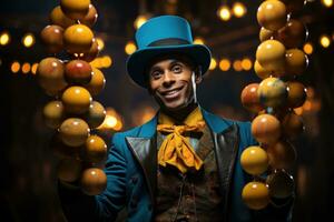 beschwingt Jongleur Handlung beim Zirkus gebadet im lebhaft cyan Gelb und violett foto