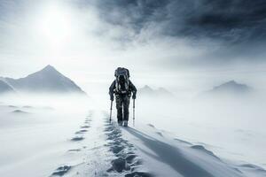 Bergsteiger silhouettiert gegen Schneesturm auf ein Weiß gewaschen alpin Aufstieg foto