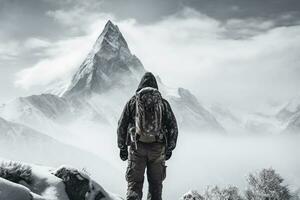 Emotion geätzt Bergsteiger entschlossen gegen hart Unendlichkeit von Winter Wildnis foto
