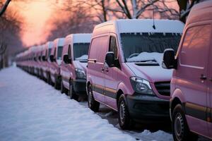 Schnee bedeckt Lieferwagen beim Dämmerung feiern eisig Morgen mit zuerst Licht foto