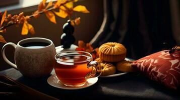 Kürbis würzen Tasse von Tee Lager Foto, gemütlich Teezeit Herbst trinken, generativ ai foto