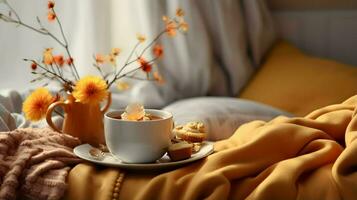 Kürbis würzen Tasse von Tee Lager Foto, gemütlich Teezeit Herbst trinken, generativ ai foto