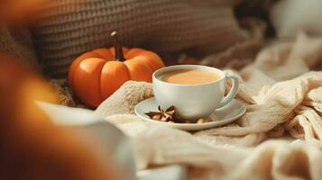 Kürbis würzen Tasse von Tee Lager Foto, gemütlich Teezeit Herbst trinken, generativ ai foto