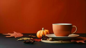 Kürbis würzen Tasse von Tee Lager Foto, gemütlich Teezeit Herbst trinken, generativ ai foto