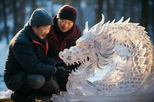 Eis Bildhauer Carving großartig Drachen zahlen zum Neu Jahr Feierlichkeiten foto