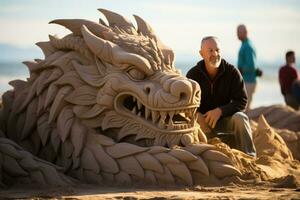 Sand Bildhauer Erstellen Drachen Meisterwerke beim Neu Jahr Strand Feste foto