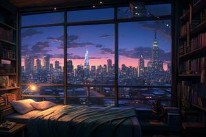 Schlafzimmer Innere mit Stadt Aussicht von Fenster. Zimmer Karikatur. generativ ai foto