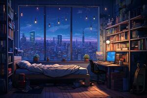 Schlafzimmer Innere mit Stadt Nacht Aussicht von Fenster. Zimmer Karikatur Stil. generativ ai foto