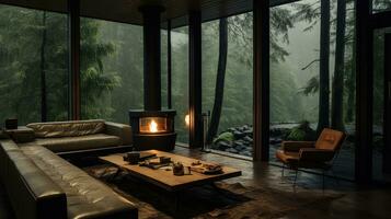 Chalet Innere mit Kamin mit Wald Aussicht von Fenster. generativ ai foto