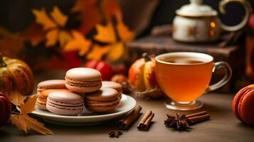 Kürbis würzen Tasse von Tee Lager Foto, gemütlich Teezeit Herbst trinken, generativ ai foto