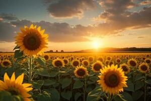 Sonnenblumen im ein Feld beim Sonnenuntergang ai generativ foto