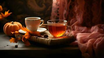Kürbis würzen Tasse von Tee Lager Foto, gemütlich Teezeit Herbst trinken, generativ ai foto