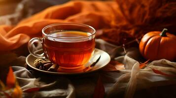 Kürbis würzen Tasse von Tee Lager Foto, gemütlich Teezeit Herbst trinken, generativ ai foto