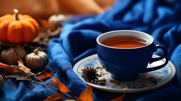 Kürbis würzen Tasse von Tee Lager Foto, gemütlich Teezeit Herbst trinken, generativ ai foto