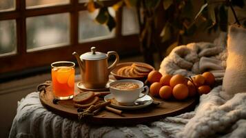 Kürbis würzen Tasse von Tee Lager Foto, gemütlich Teezeit Herbst trinken, generativ ai foto