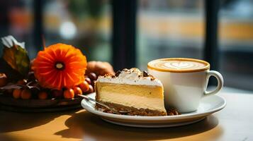 Kürbis Kuchen Hintergrund, Kaffee Zeit, generativ ai foto