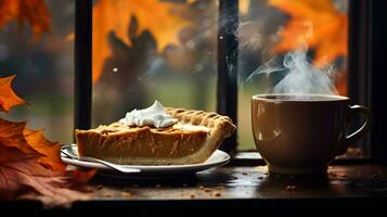 Kürbis Kuchen Hintergrund, Kaffee Zeit, generativ ai foto