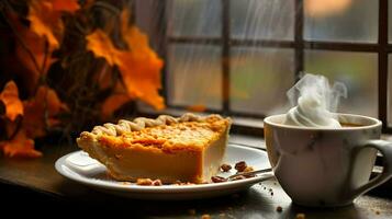 Kürbis Kuchen Hintergrund, Kaffee Zeit, generativ ai foto