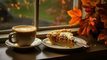 Kürbis Kuchen Hintergrund, Kaffee Zeit, generativ ai foto