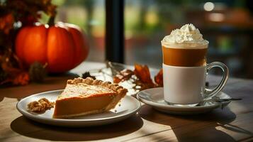 Kürbis Kuchen Hintergrund, Kaffee Zeit, generativ ai foto