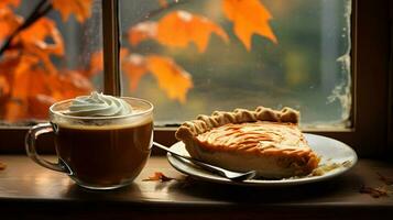 Kürbis Kuchen Hintergrund, Kaffee Zeit, generativ ai foto