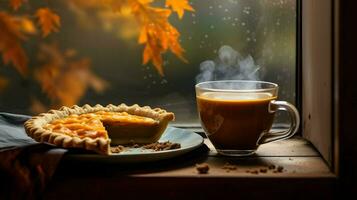 Kürbis Kuchen Hintergrund, Kaffee Zeit, generativ ai foto