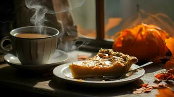 Kürbis Kuchen Hintergrund, Kaffee Zeit, generativ ai foto