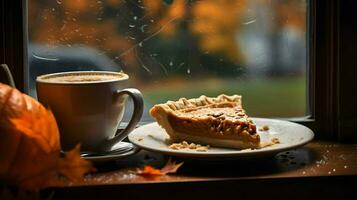 Kürbis Kuchen Hintergrund, Kaffee Zeit, generativ ai foto