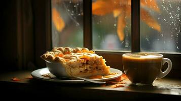 Kürbis Kuchen Hintergrund, Kaffee Zeit, generativ ai foto