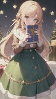 süß Anime Mädchen halten Geschenk Geschenk zum festlich Moment Weihnachten Zeit foto