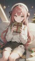 süß Anime Mädchen halten Geschenk Geschenk zum festlich Moment Weihnachten Zeit foto