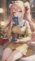 süß Anime Mädchen halten Geschenk Geschenk zum festlich Moment Weihnachten Zeit foto