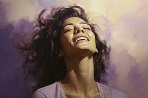 ein Frau leidenschaftlich Gemälde ihr Emotionen isoliert auf ein lila Gradient Hintergrund foto
